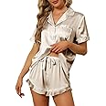 SAPJON Satin Silk Pajamas for Women 2Pcs Ruffle Notch Collar Sleepwear Button Down Short Sleeve Shorts Pjs Set Loungewear