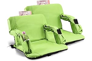 HISHINE Stadium Seats for Bleachers with Back Support and Thick Padded Cushion,24" Extra Wide Portable Reclining Folding Chair with Optional Arms, 4 Pockets and Shoulder Straps,Big Size,Green,2PCS