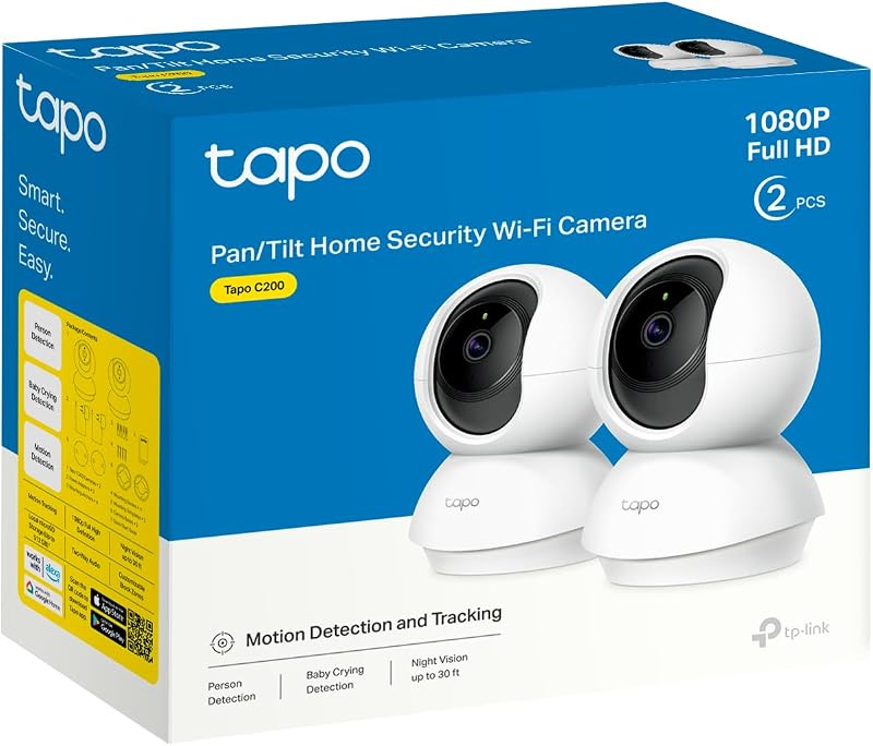 Tapo c200p2 - câmera ip wifi câmera de vigilância 360 ° fhd 1080p, visão noturna, notificações em tempo real, suporta cartão sd, detecção de movimento, controle remoto, compatível com alexa