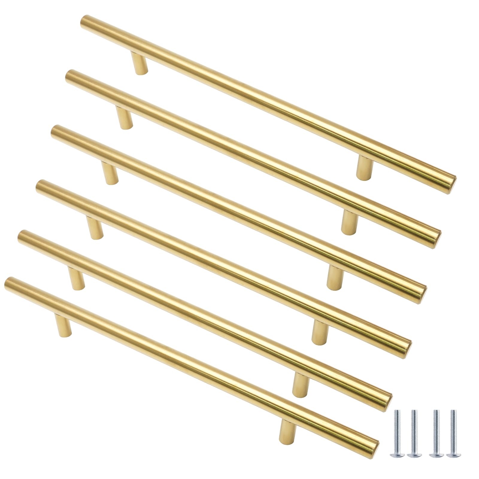 Cjueiom 6 Pack Gold Cabinet Handles 192mm Hole Center, 300mm Length Stainless Steel T-Bar Handles for Kitchen Cabinet, Wardrobe, Drawer, Cupboard
