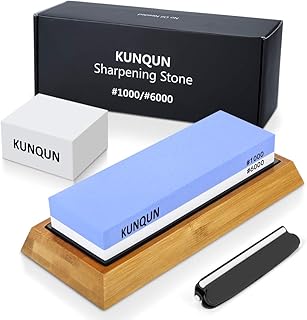 KUNQUN Wetzstein 1000 6000 Set, Profi Schleifstein Messer 2-in-1 Messerschärfer, Wasser Abziehstein auf rutschfest Silikonhalter& Bambusblock, nass Schleifstein mit Gratis Schleifhilfe & Läppstein
