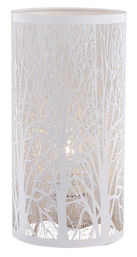 Happy Homewares Unique and Beautiful Matt White Metal Forest Design Table Lamp with Cable Switch When Lit The Light Escapes Through The Gaps and Casts The Forest Against The Table — image 1