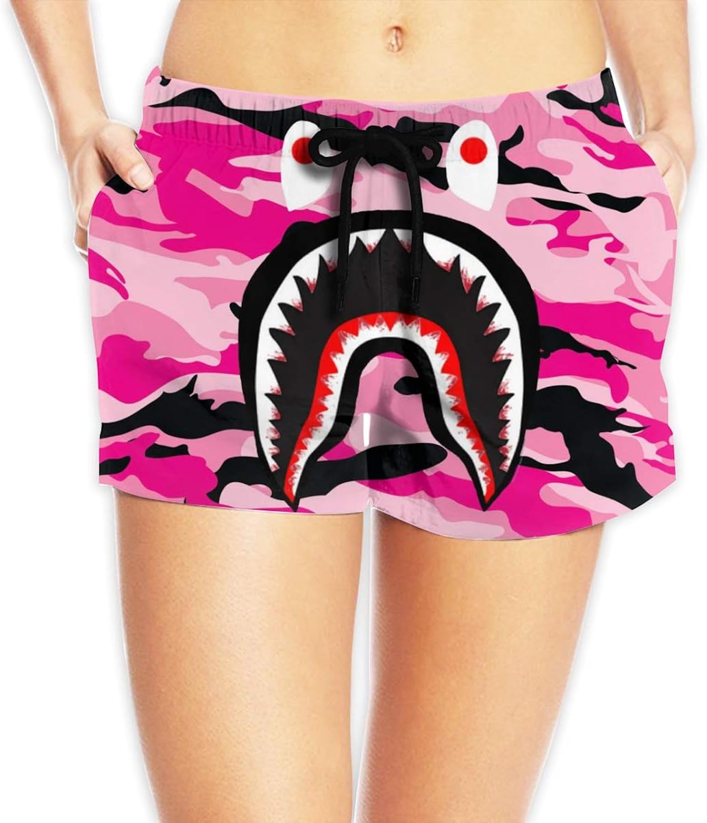 Women's Board Shorts Beach Quick Dry Shark Print High Waist Summer Casual Hot Pants with Pockets