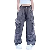 AOWKULAE Girls Cargo Pants Elastic Waist Drawstring Parachute Pants with Pockets, 5-14 Years