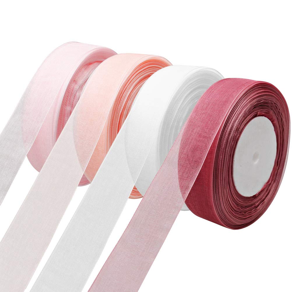4 Rolls Sheer Organza Gift Ribbon, 25mm x 45m Each - Chiffon Ribbon for DIY Crafts, Gift Wrapping, Bouquet, Bows, Wedding Party Decorations (4 Colours)