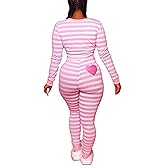 Michellecmm Women Striped Christmas One Piece Pajamas V Neck Long Sleeve Jumpsuit Bodycon Bodysuit Romper Sleepwear