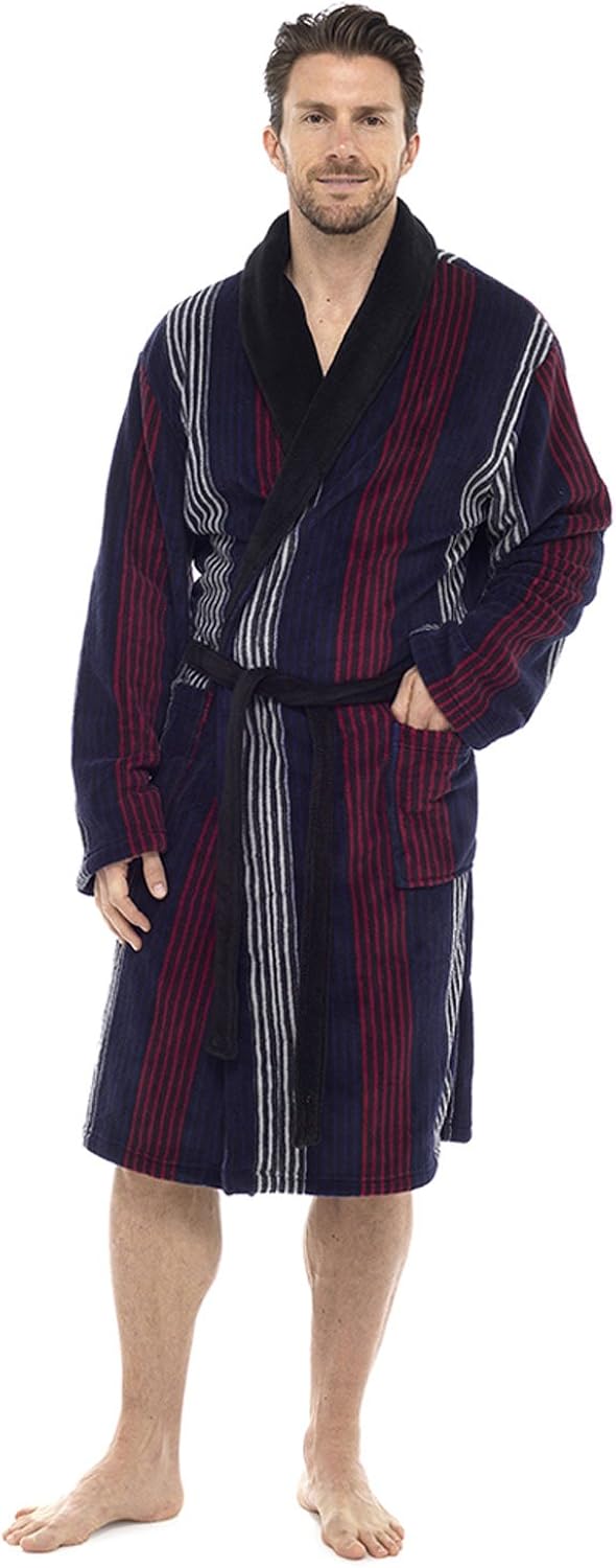 Foxbury Mens Classic Multi Stripe Supersoft Fleece Bathrobe NavyRed
