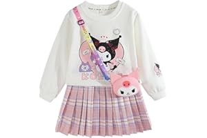 Satdflie Ku-romi Girls 3 Piece Outfits Cartoon Crewneck Long Sleeve Pullover Sweatshirt + Plaid Pleated Mini Skirt + Bag Sets