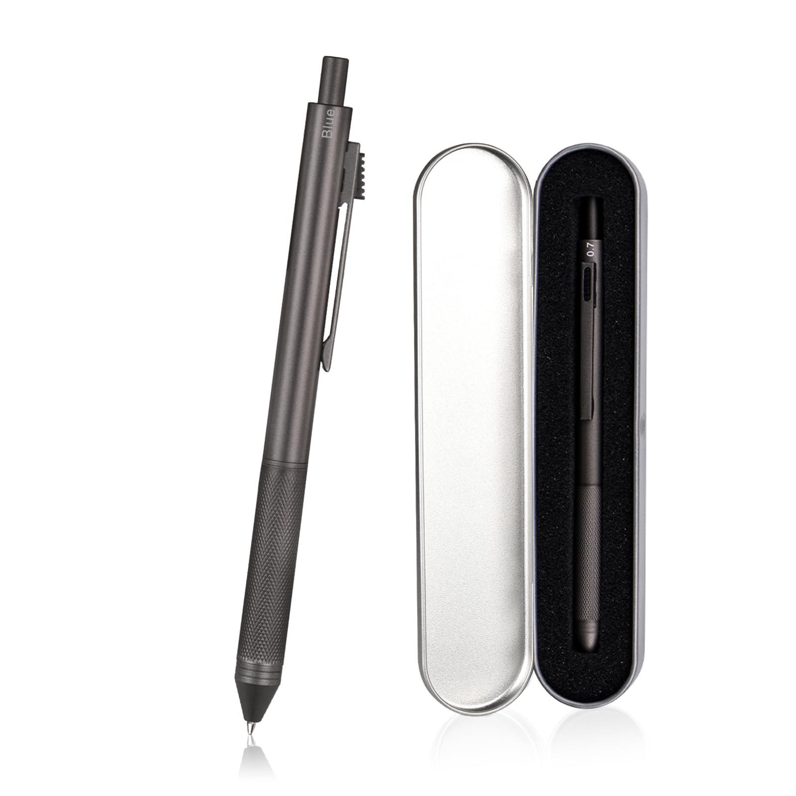 SMTTW 4-in-1 Multi-Function Refillable & Retractable Ballpoint Pen + 0.7mm Mechanical Pencil, Fine Point, Grey Metal Barrel, Black/Red/Blue Inks Color Code, Multicolor Pen in Metal Gift Box