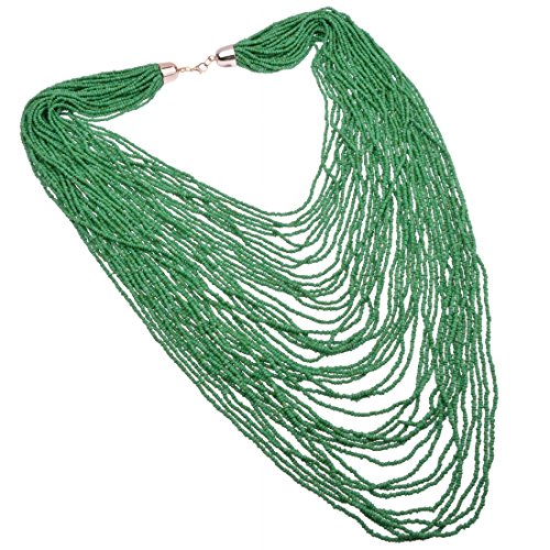 Fashion Jewelry Green Resin Seed Beads Layered Handmade Bead Cluster Long Pendant Statement Bib Necklace