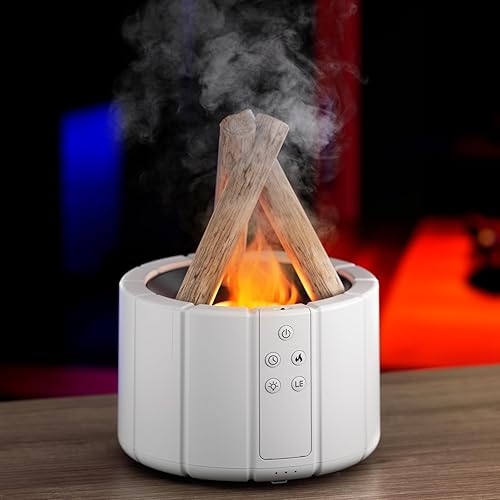 Bonfire Humidifier 250ML with Remote Control, Essential Oil Diffuser Silent Flame Diffuser Aromatherapy Scented Oil Diffusers Timing With Bonfire Shape Warm Light And 7 Colorful Lights,White