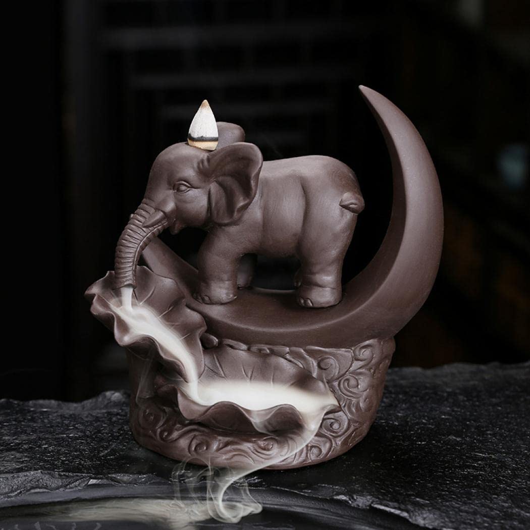 SHEBUYLLI Backflow Incense Burner Elephant Moon Handicraft Incense Holder Ceramic Fountain Censer + Cones Sticks Tweezer Mat for Home Office (Brown)