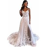 Loravita Lace Wedding Dresses for Bride Spaghetti Straps Bridal Gown V Neck Wedding Party Dress with Slit