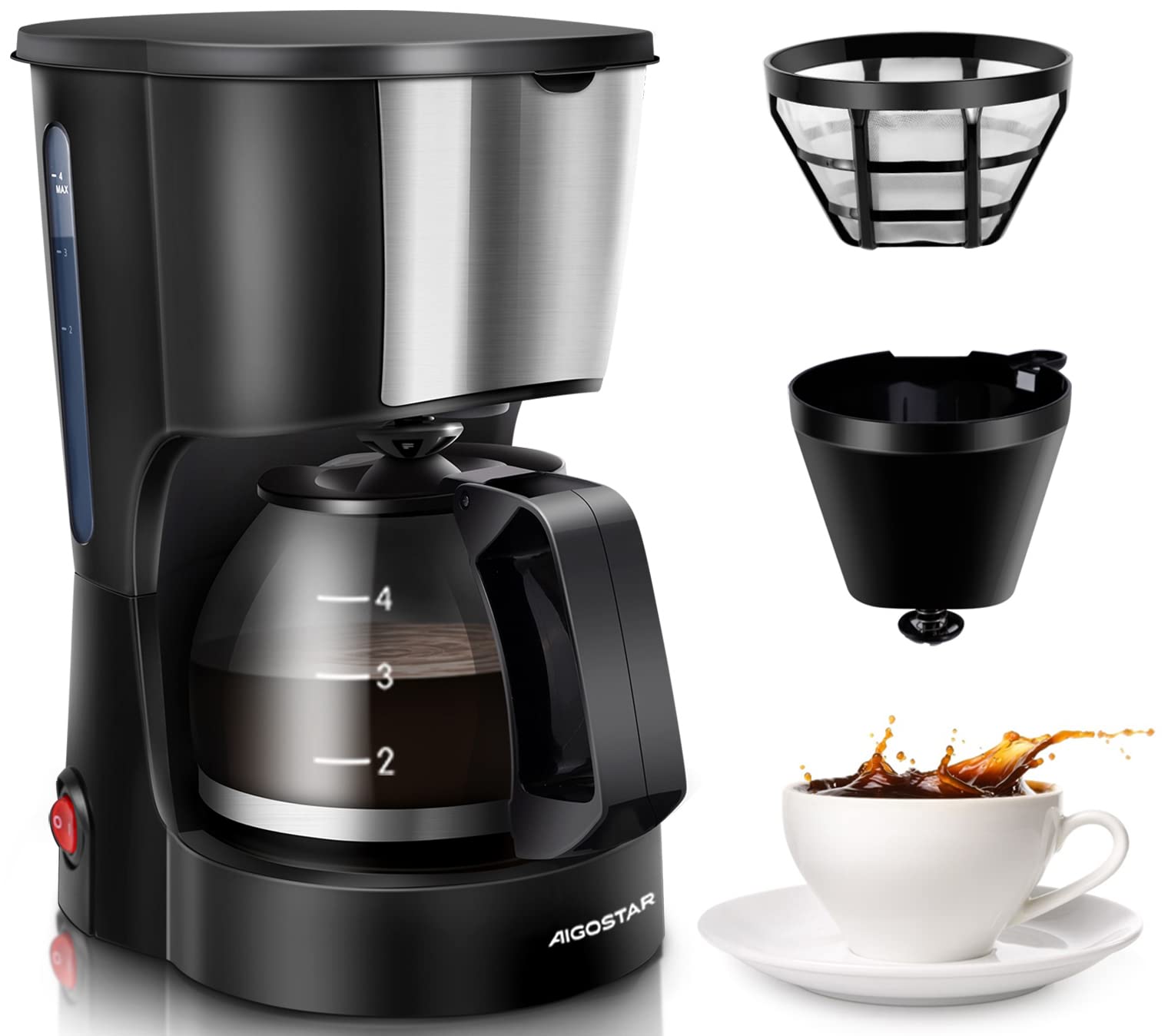 Photo 1 of Aigostar Buck - Coffee Makers, 4 Cup Coffee Maker with Coffee Filter and Glass Carafe, Small Drip Coffee Machines with Stainless Steel Decoration for Home, Travel & Office, Black