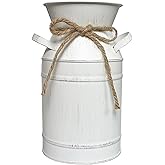 JSY-UP Small Farmhouse White Vase - Metal Flower Vases Decorative - Rustic Galvanized Milk Jug Country Wedding Home Kitchen Table Decor