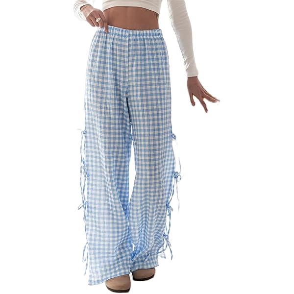 MBZJSDKHLK Women Y2K Gingham Pants High Elastic Waist Bow
