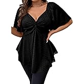 Eytino Womens Plus Size Tops Twist Front V Neck Short Sleeve Eyelet Embroidery Summer Loose Blouse Shirts(1X-5X)