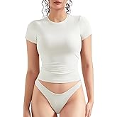 OMKAGI Double Lined Slim Fit T Shirts for Women Short Sleeve Crew Neck Crop Top