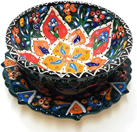 Set of Matching Handmade Turkish Ceramic Pottery Serving Pieces 7" Plate and 6" Bowl (Green)