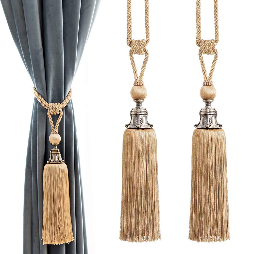 Melodieux Decorative Curtain Tiebacks Antique Tassels Holdbacks - Home Office Windows Drapery Fasteners Fringe Ropes, Set of 2 (Beige)