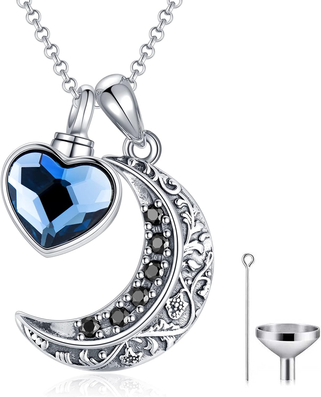 Love Heart Urn Necklace for Ashes Sterling Silver Crescent Moon Pendant Cremation Memorial Keepsake Pendant with Blue Heart Crystal: Clothing