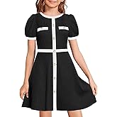 YOVION Girls Summer Dress Puff Sleeve Crewneck Button Color Block Casual Party Dresses with Pockets for 6-12 Y
