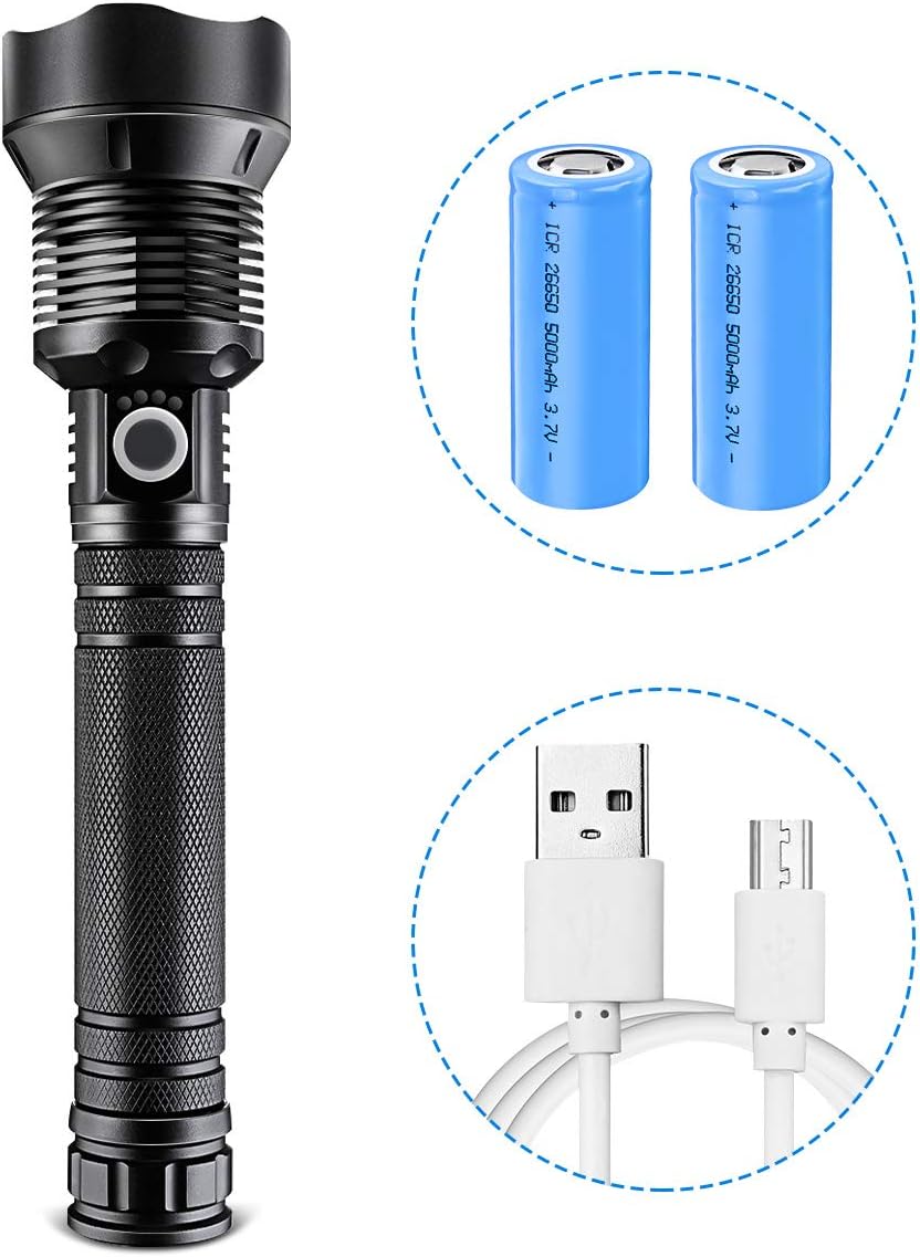 LED Flashlight 90000 Lumens Most Powerful 26650 USB Torch, Single Mode, High Lumen, Zoomable, Water Resistant - Camping, 3 Modes Searchlight for Outdoor or Home Emergency Everyday Flashlights - - 