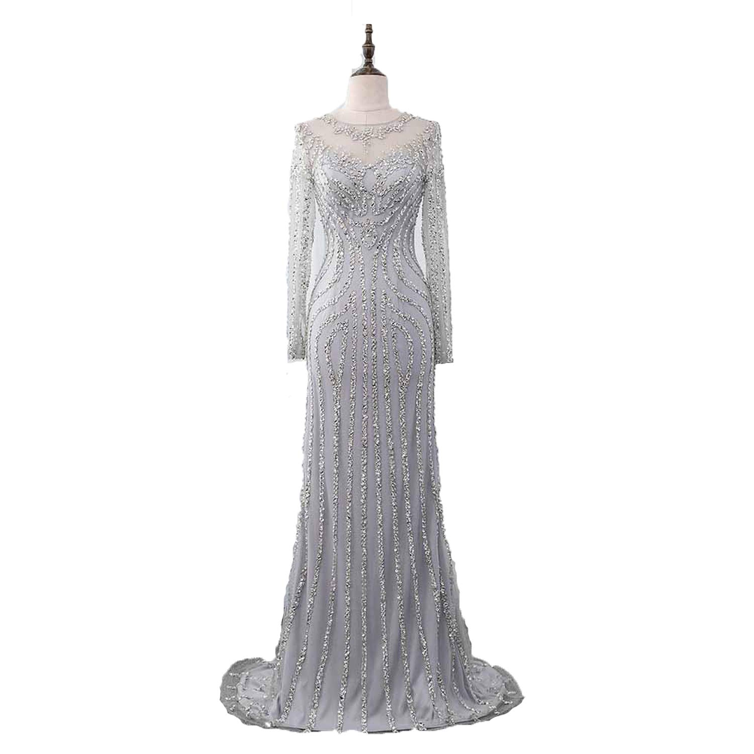 Gold Long Sleeve Evening Dress Mermaid Crystals Beading