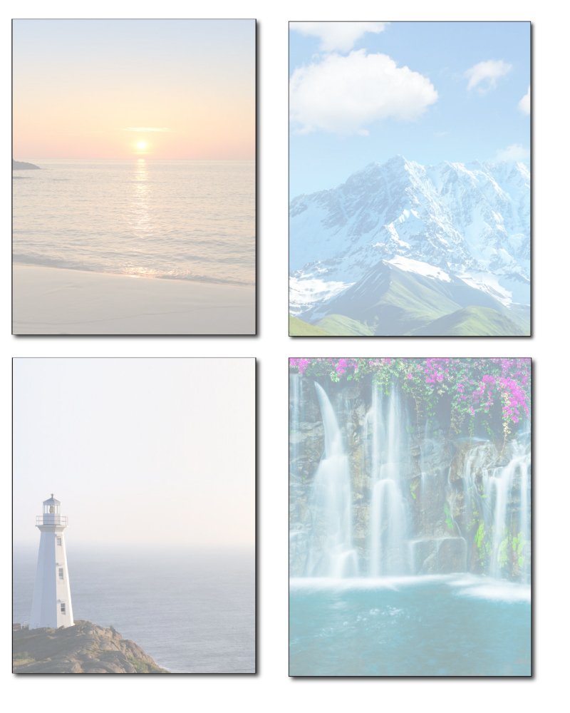 Photo 1 of Scenic Stationery Variety - 4 Beautiful Designs - 80 Sheets - Lighthouse, Waterfall, Mountain, & Ocean Beach Sunset Multicolored