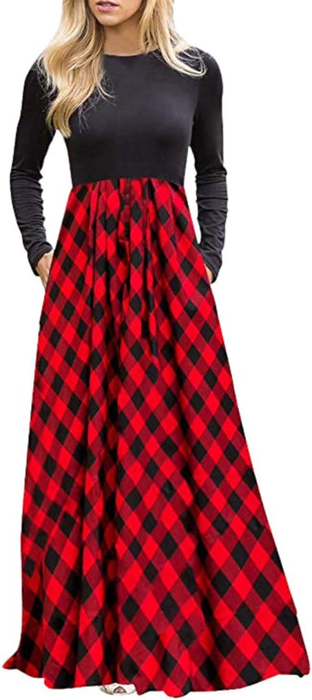 Weant Ladies Plaid Dress Long Sleeve Empire Waist Full Length Maxi Dress with Pockets for Ladies Teen Girls Womens Casual Swing Dress Evening Party Cocktail Prom Long Pullover Jumper Dress