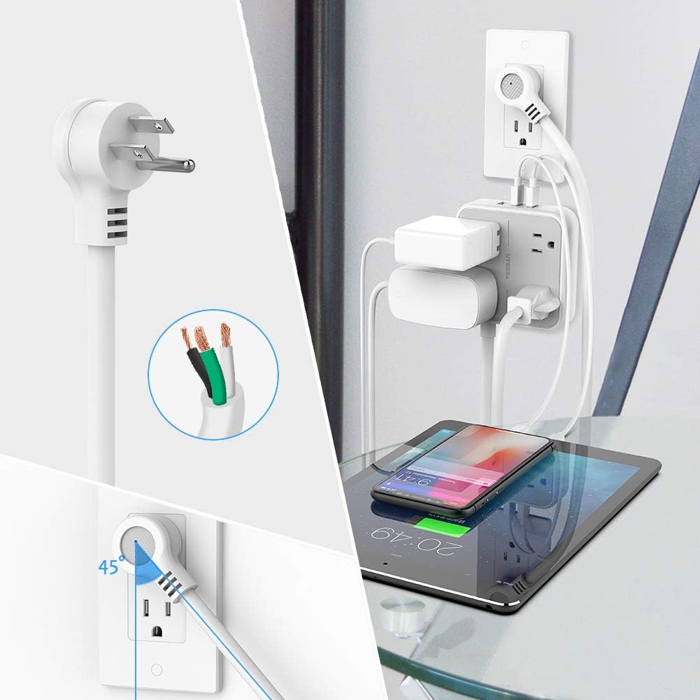 Power Strip with USB, TESSAN Mountable Flat Plug Extension Cord with 4 Widely Spaced Outlets, 3 USB Charger, 5 FT Power Cord, Compact Size Charging Station for Home, Office, Dorm Essentials, Gray: Home Improvement