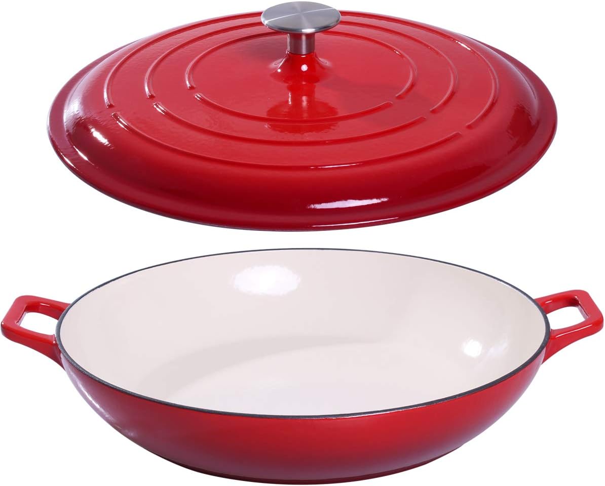 3.8 Quart Cast Iron Casserole Pan, Red Enamel Cast Iron Casserole with Dual Handles, Pans with Lids