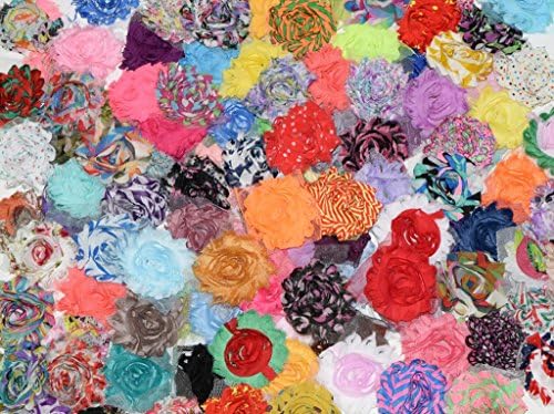 60 QTY Shabby Chiffon Fabric Hair Flowers 2''-2.5'' Solid and Print Colors 1 Psc Per Color