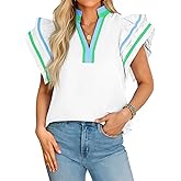 Cicy Bell Womens Ruffle Cap Sleeve Tops Color Block V Neck Dressy Casual Blouses Summer Pleated Loose Fit Shirts