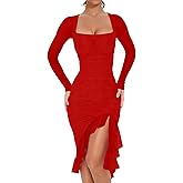 BORIFLORS Women's Sexy Ruched Bodycon Midi Dresses Elegant Mesh Long Sleeve Square Neck Ruffle Hem Cocktail Party Dress