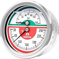 Roastove Tridicator, Thermo-Manometer, 2-1/2", Silicone Oil Filled, 0-160psi/30-250 deg F, Stainless Steel Case, 1/4" NPT Bac
