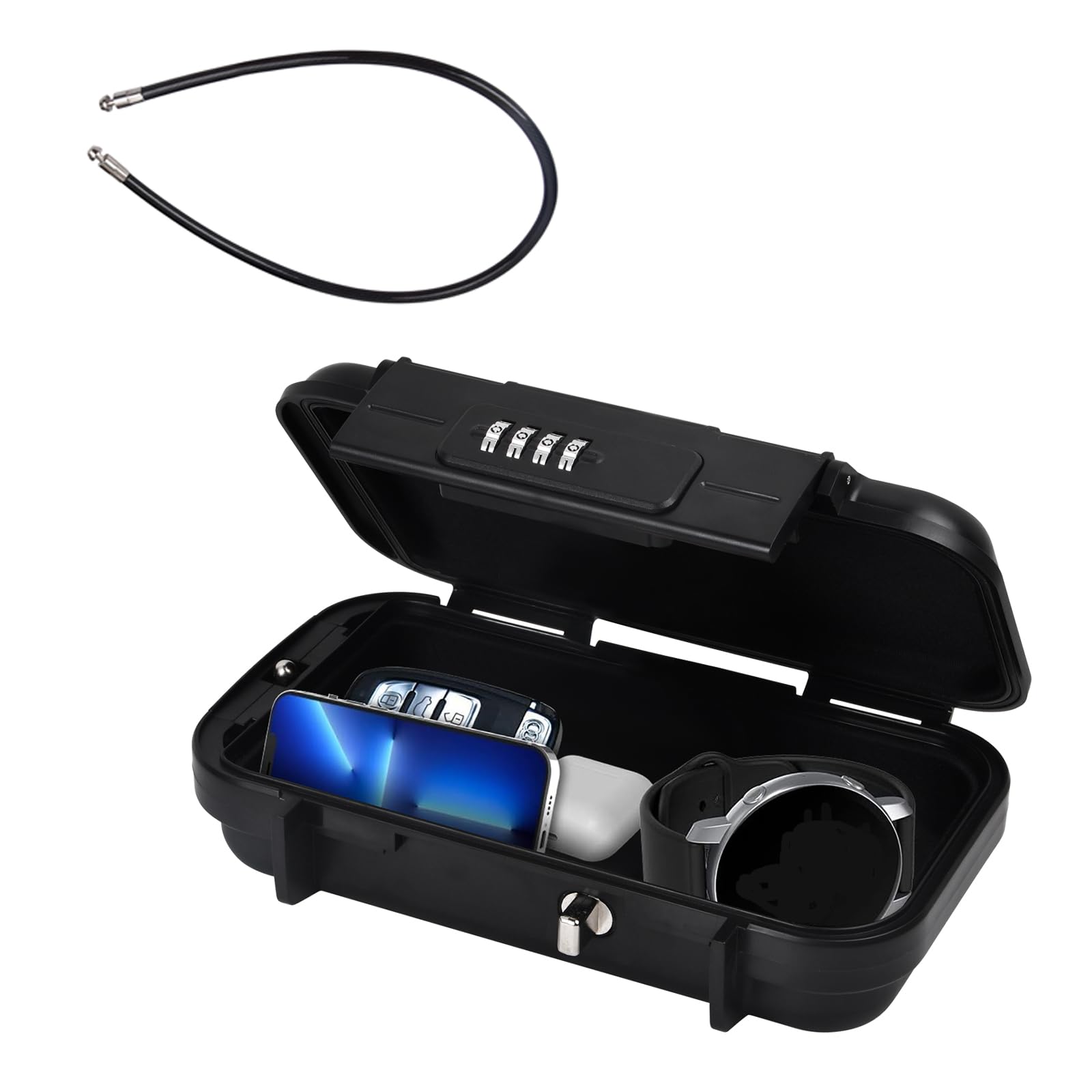 Portable Safe Box with Code, Combination Security Case Lock Box with Removable Wire Rope, Mini Key Safe Storage Waterproof & Anti-Theft for Travel, Beach, Vacation