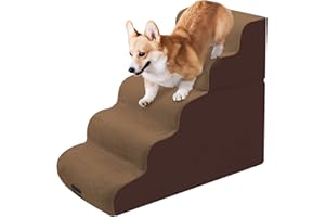 Rest-Eazzzy 5 Steps Dog Stairs for High Couch-Bed, Soft Foam Dog Steps for Large Dogs and Small Dogs, High-Density Foam Dog ramp Climbing for 20-30 inch Bed with Non-Slip Removable Cover (Brown)