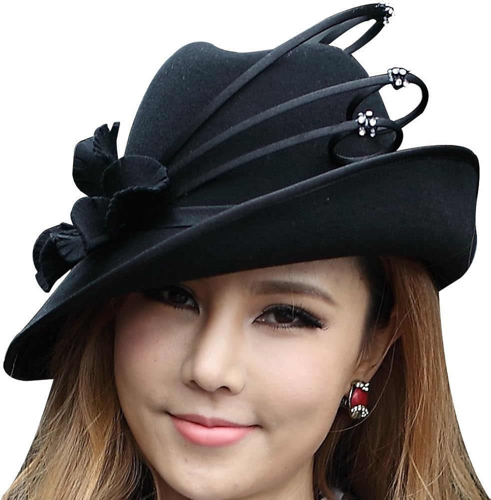 Junes Young Women Hats Fashion Bucket Hats Felt Fedoras Elegant Black 