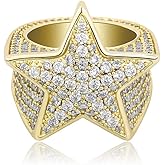 TOPGRILLZ 14K Golden Plated Star Ring Iced Out CZ Simulated Diamond Punky Rappers Ring for Men Engagement Hip Hop Jewelry