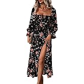 BLENCOT Womens Casual Square Neck Long Sleeve Boho Floral Midi Dress Print Side Split Dresses