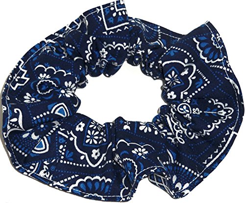 Bandana Print Cotton Fabric Hair Scrunchie Handmade by Scrunchies by Sherry (Navy with Blue)