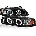 Spec-D Tuning LED Dual Angel Eyes Projector Headlights Black Compatible with 1996-2003 BMW E39 5-Series Models Without OE Xenon Headlights, Left + Right Pair Headlamps Assembly