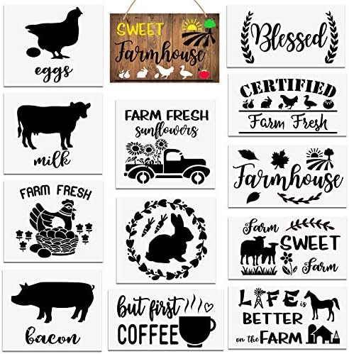 12 Items Farmhouse Stencils for Portray on Wooden Reusable, Giant Farm Rooster Horse Cow Sheep Stencils Type for Indicators Wall Flooring Crafts Drawing Decor