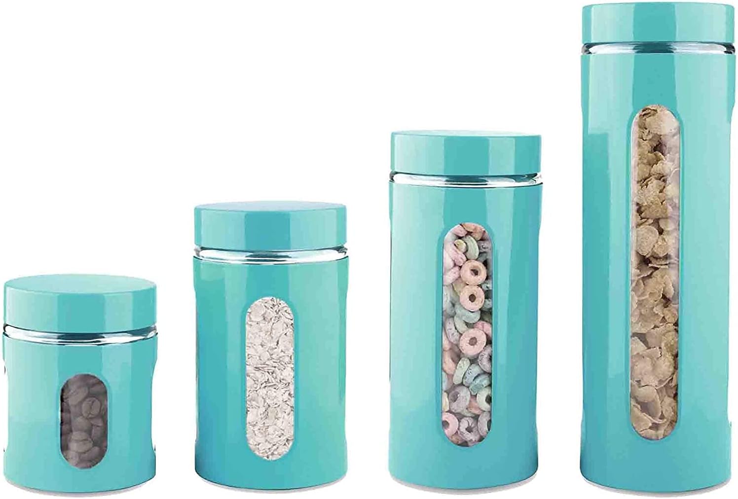 4 Piece Stainless Steel Coated Canister Set with Glass Windows & Interior (Sizes 23oz, 33oz, 50oz, 67oz)