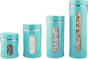 4 Piece Stainless Steel Coated Canister Set with Glass Windows & Interior (Sizes 23oz, 33oz, 50oz, 67oz)
