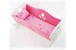 Matty's Toy Stop 18 Inch Doll Furniture Wooden Doll Rocking Cradle (Crib) with Pink Pillow & Cushion - (18" Pink/White Floral) Fits American Girl Dolls