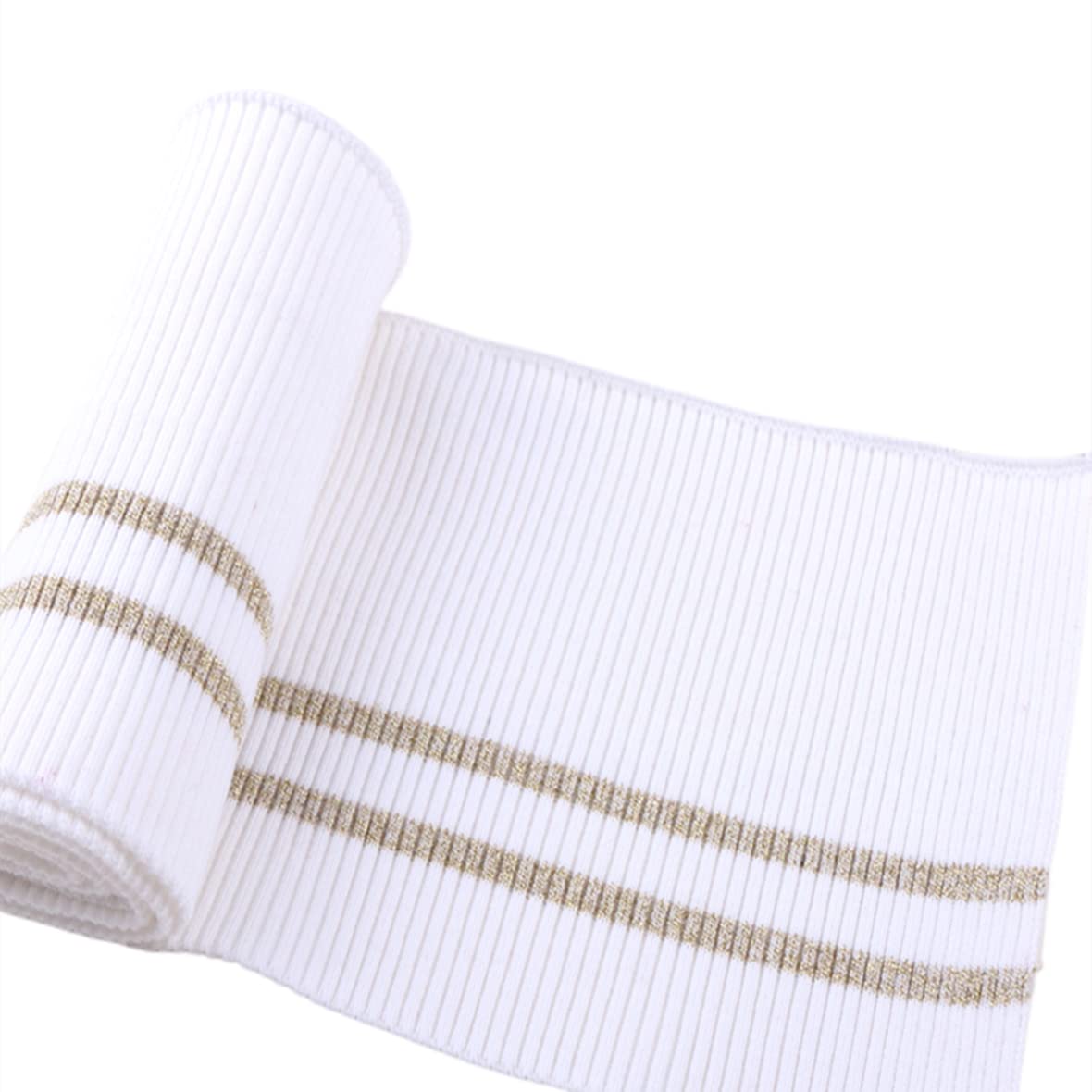 TinaKim Ribbing Fabric, for Waistbands Cuffs Jacket Sweatshirt Sew Trim Material Stripe (Milk White + Gold Stripe, 36x6in)