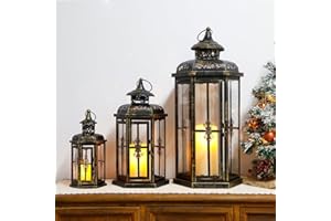 JHY DESIGN Set of 3 Decorative Candle Lanterns 20''&14"&10" H Outdoor Candle Lanterns Vintage Metal Cand leholder for Indoor Outdoor, Events, Parities and Weddings(Black with Gold Brush)