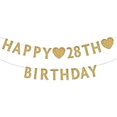 Gold Happy 28th Birthday Banner, Glitter 28 Years Old Woman or Man Party Decorations, Supplies